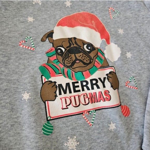 Christmas sweater Small gray merry pugmas crew neck  fleece lined - Picture 3 of 11